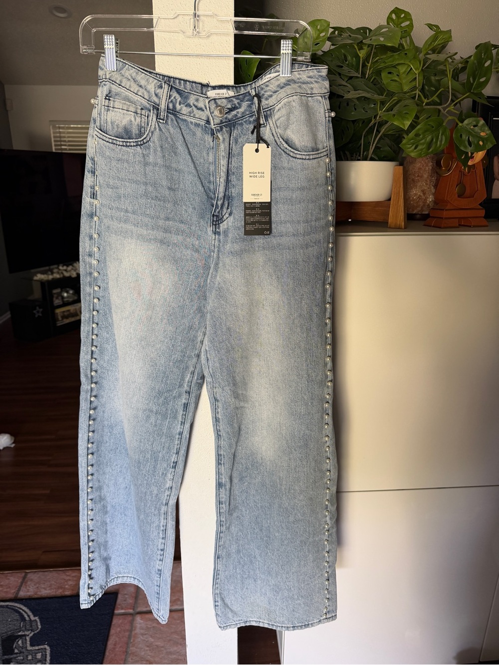 Forever 21 Light Blue Wide Leg Jeans with Side Stud Trim